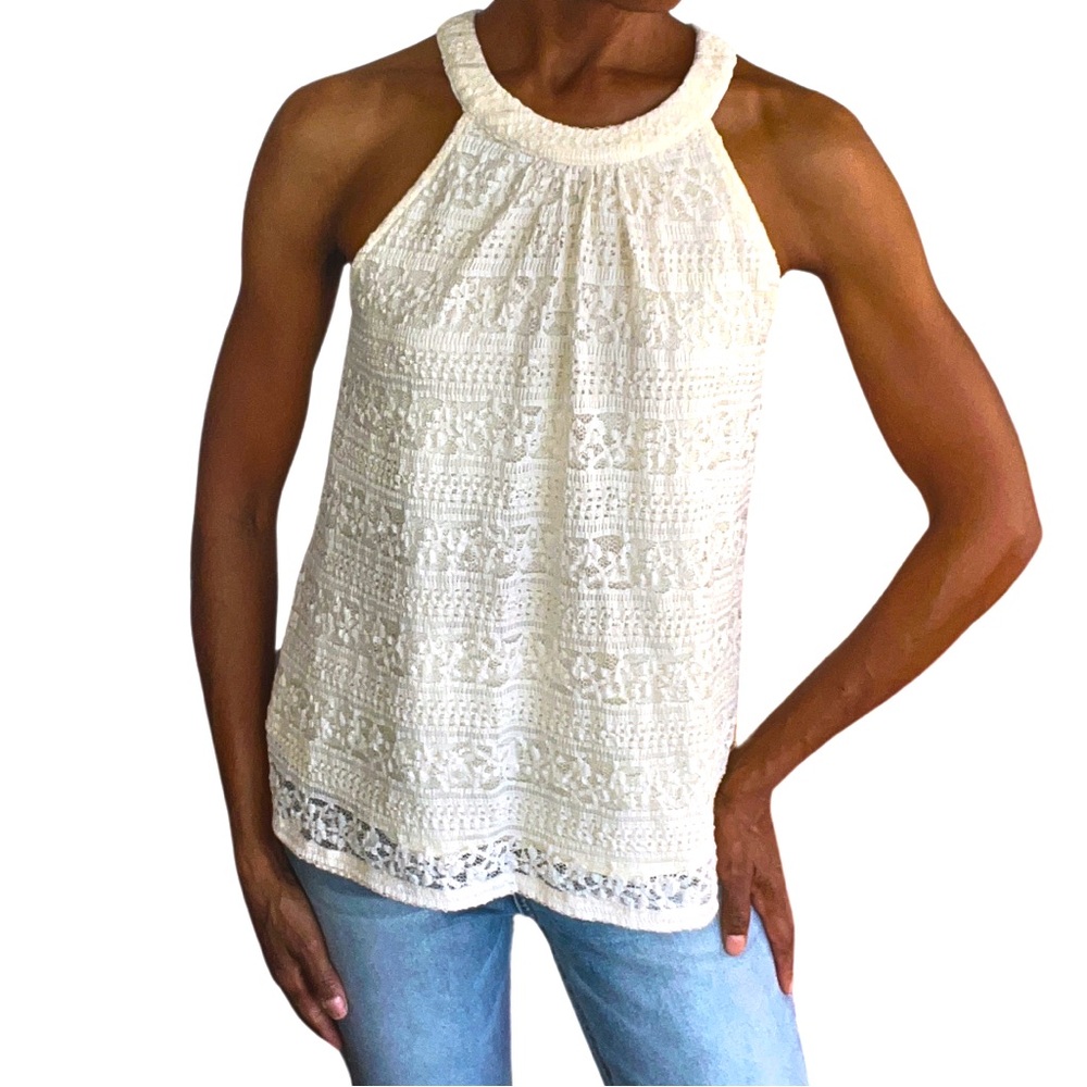 MONTEAU CREAM SLEEVELESS LACE OVERLAY TANK TOP STYLE BLOUSE